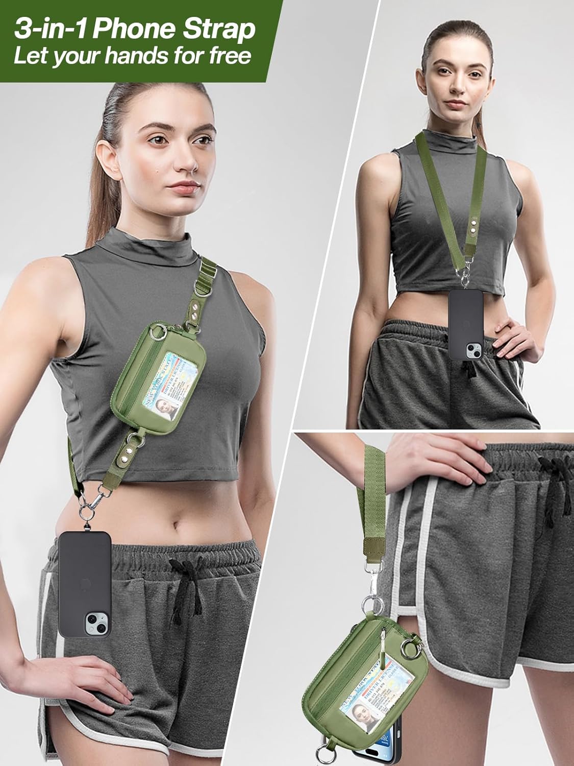 Clip and Go Strap for Phone with Wallet Crossbody Phone Lanyard Adjustable and Detachable RFID Wristlet Wallet with ID Window and Zipper, Green