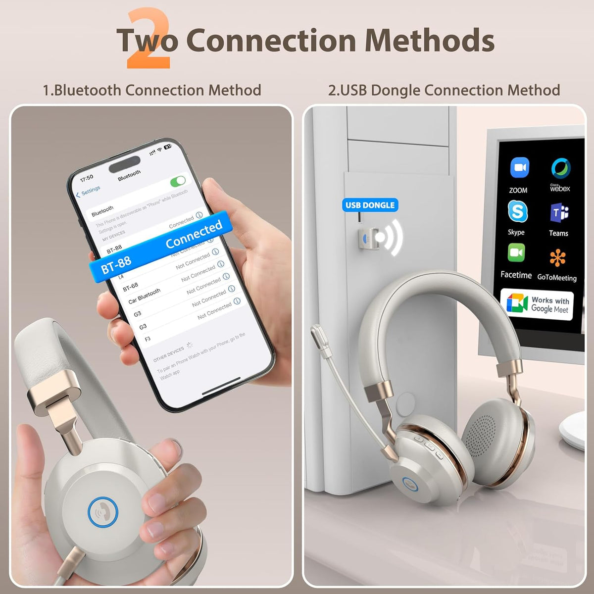 Wireless Headset, Bluetooth Headset with Microphone, AI Noise Canceling Mic & USB Dongle, 45 Hrs Working Time V5.3 Wireless Headphones with Mic Mute for PC/Laptop/Office/Call Center/Zoom/Home