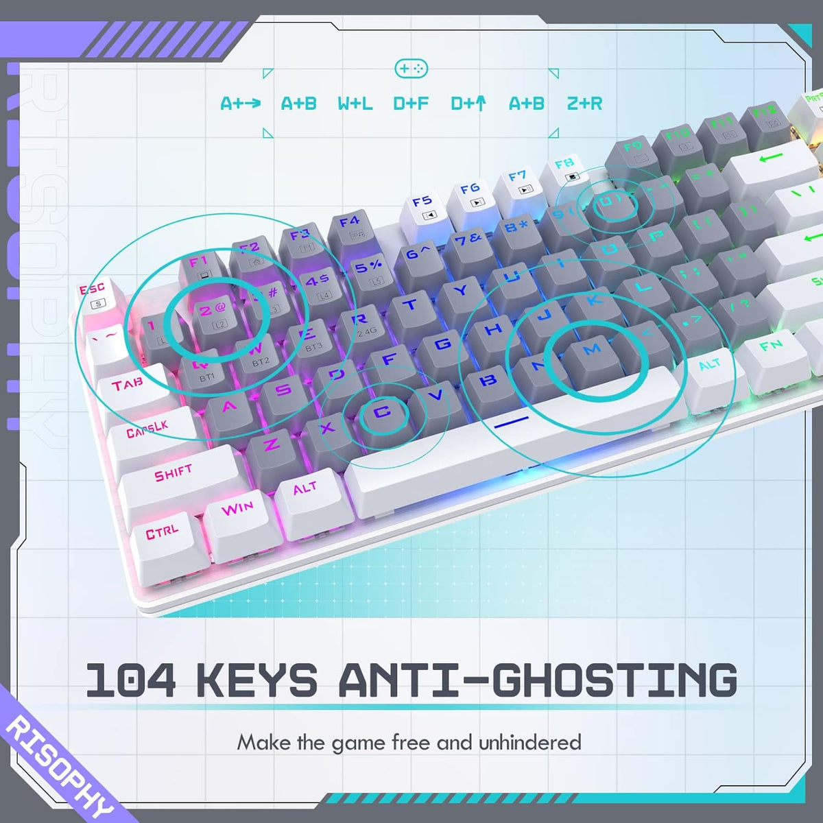 Wireless Mechanical Keyboard, Triple Mode 2.4G/USB-C/Bluetooth Gaming Keyboard, 104 Keys Programmable, Customize RGB Backlit, Red Switch, Bicolor PBT Keycaps, Rechargeable Wired for Laptop PC
