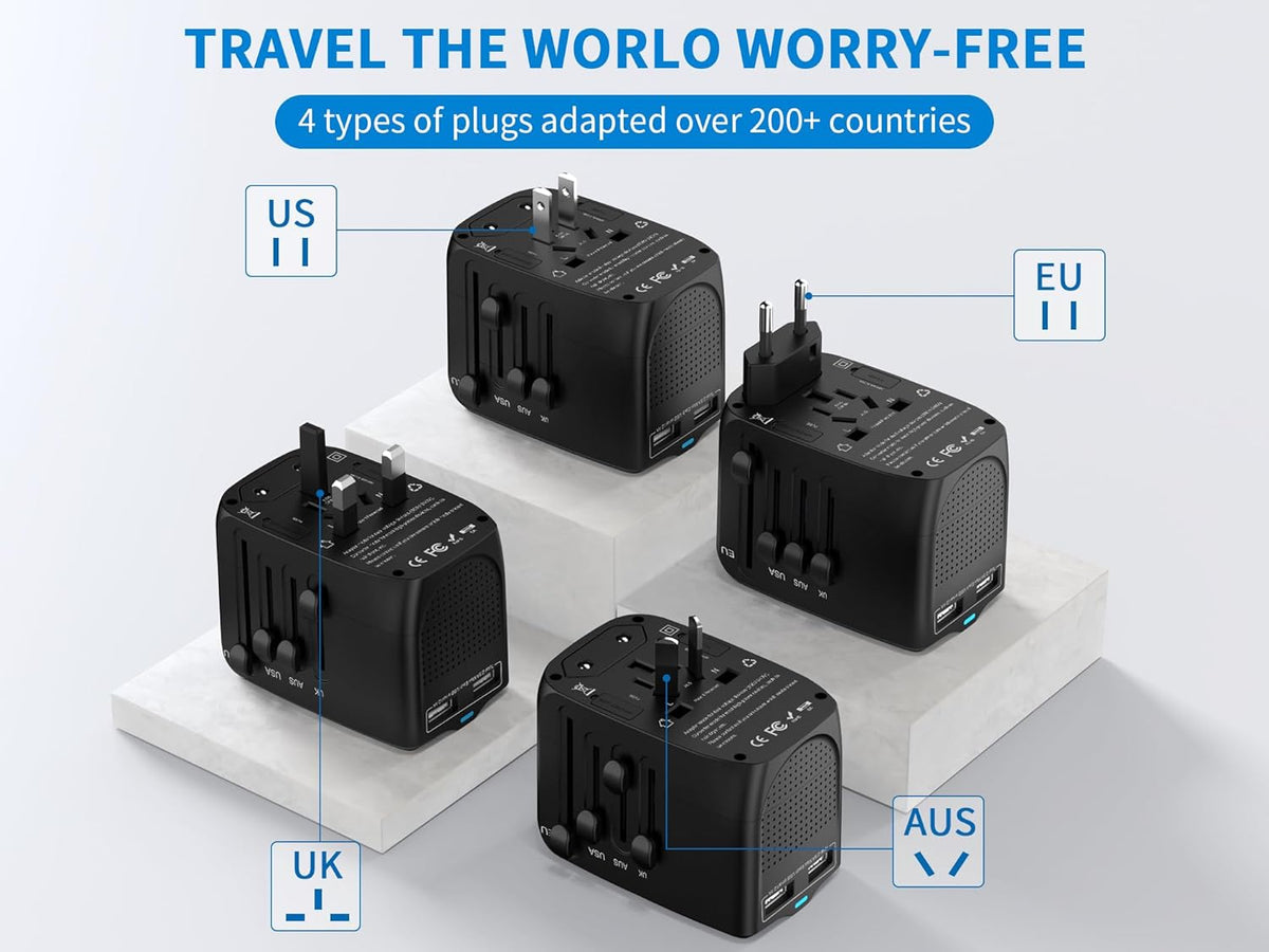 International Travel Adapter Voltage Converter Combo for 100V-240V with 2 USB Ports, USA to UK Europe Australia 200+ Countries
