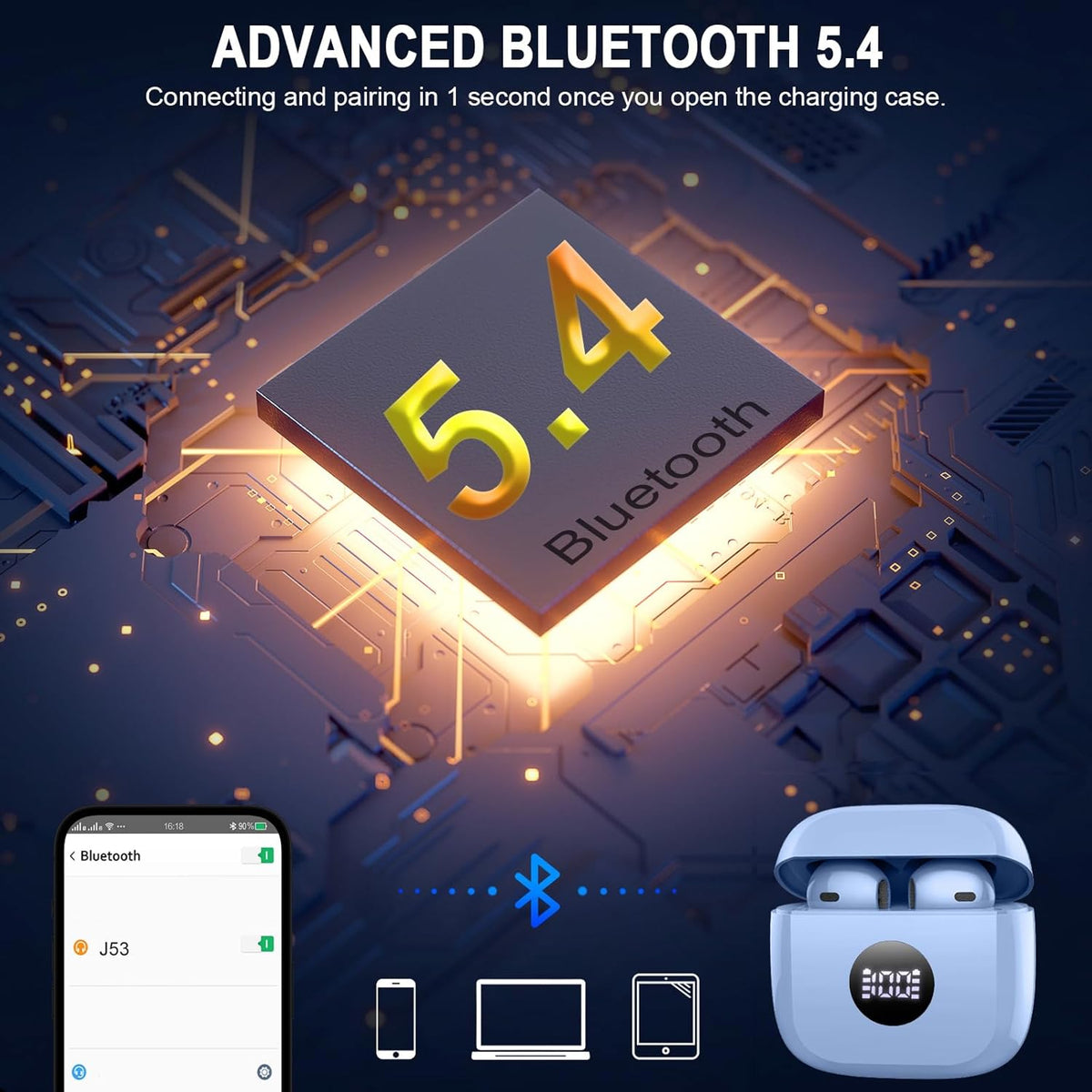 Wireless Earbuds, Bluetooth 5.3 Ear Buds LED Power Display Headphones Bass Stereo, Bluetooth Earbuds in-Ear Noise Cancelling Mic, 40H Playback Mini Case IP7 Waterproof Sports Earphones for Android iOS