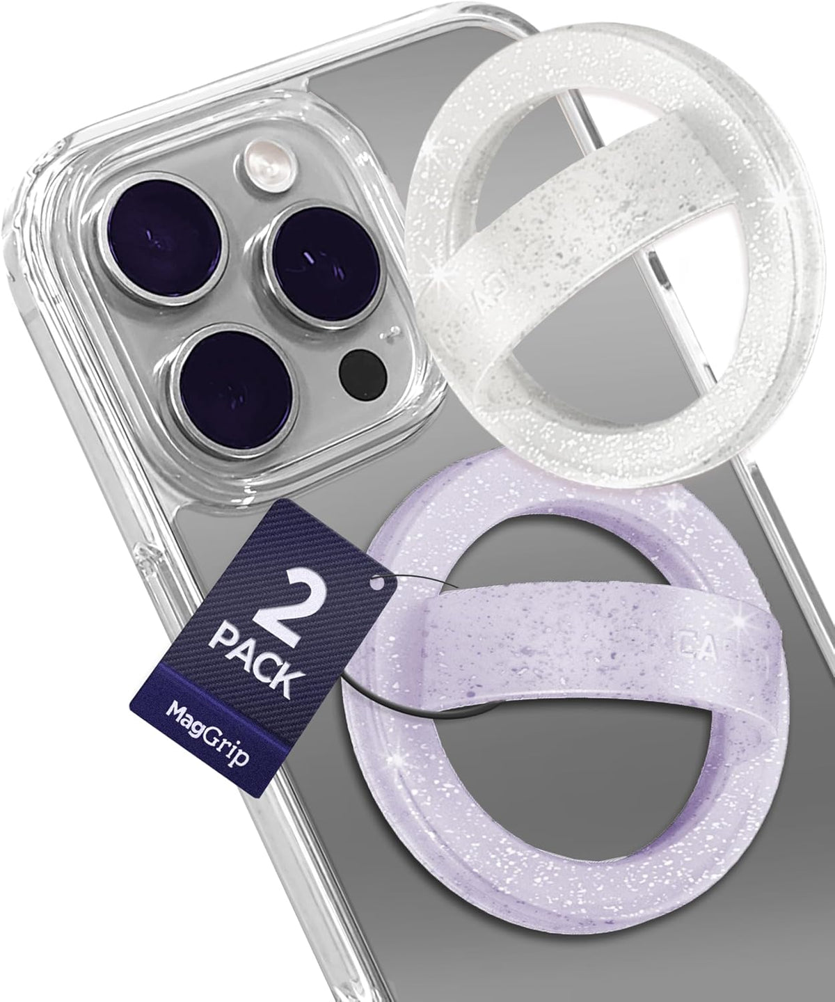 Encased Grip Loops for MagSafe, Magnetic iPhone Holder (2-Pack Set), Comfortable SoftTouch Silicone (Clear Sparkle/Glitter Purple)