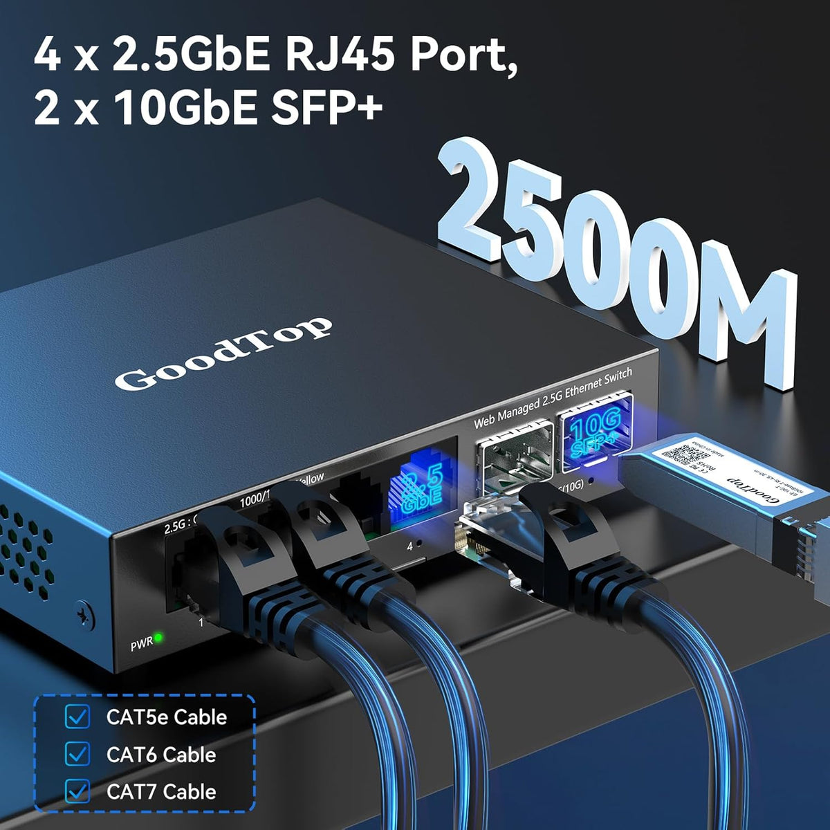 6 Port 2.5Gb Web Managed Switch,4 x 2.5GbE Ports,2 x 10G SFP+,Web Managed with Link Aggregation/VLAN/QOS, Metal Fanless Home Lab Network Switch