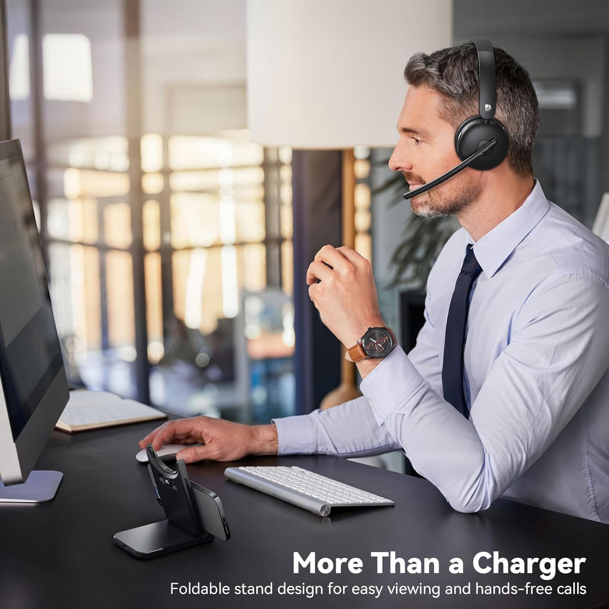 Wireless Headset with Mic for Work, Wireless Headset with Microphone (Noise Cancelling), Smart Mult-Func Dock, 65H Worktime&Fast Charge Bluetooth Headphones for Work/PC/Computer/Call Center/Teams/Zoom
