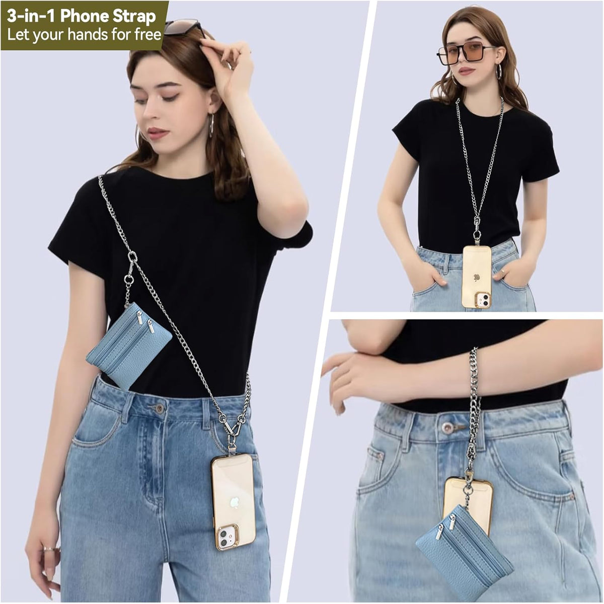 Clip and Go Strap for Phone Silver Metal Chain with Blue Pouch Wallet Crossbody Phone Lanyard for Women with Cell Phone Stand Holder 2 Patches Tether Adjustable Anti Theft for iPhone 16 15 All Phones
