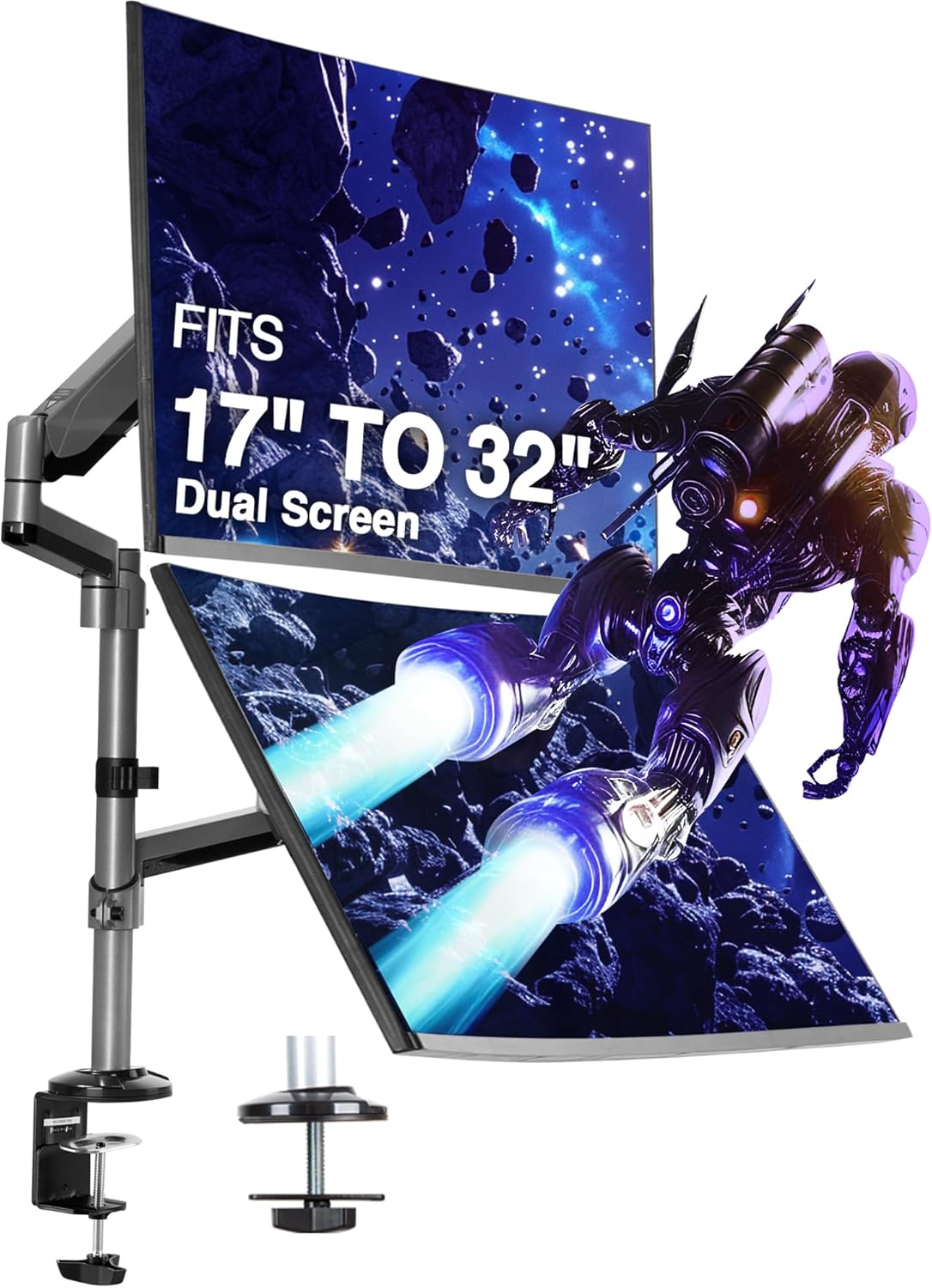 AVLT Dual 17"-32" Stacked Monitor Arm Desk Mount for 2 Flat or Curved Screens, Full Motion Height Adjustable with Swivel, Tilt, Rotation, Extra Tall, VESA, C-Clamp or Grommet Base