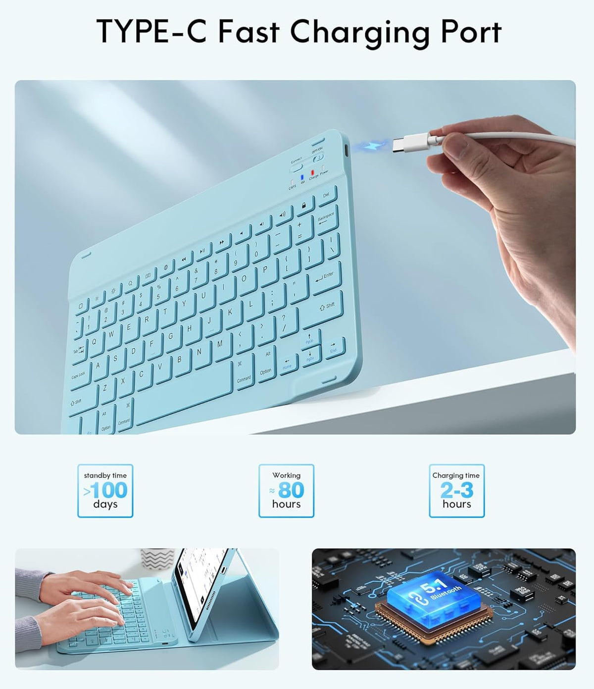 CHESONA Keyboard Case for iPad (A16) 11th/10th Generation (2025/2022), Detachable Wireless Keyboard, Stand Folio Keyboard Cover with Pencil Holder, Thin & Light (Light Blue)