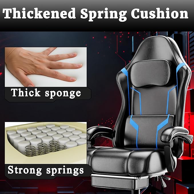 Ergonomic Gaming Chair Video Game Chair with Pocket Spring Cushion and Footrest Height Adjustable Computer Chair with Swivel Seat and Headrest (Blue)