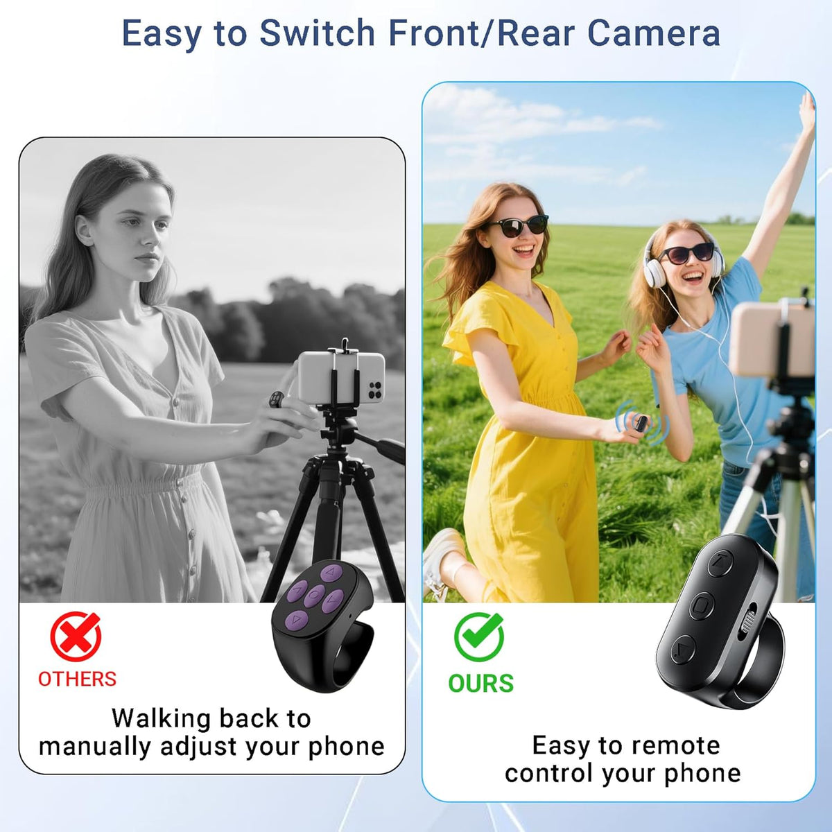 Phone Camera Ring Remote Control with Zoom in/Out, Rechargeable Shutter with Front/Rear Camera Switch for iPhone Android iPad, Hands Free Remote Ring for Photo & Video Recording Content Creator