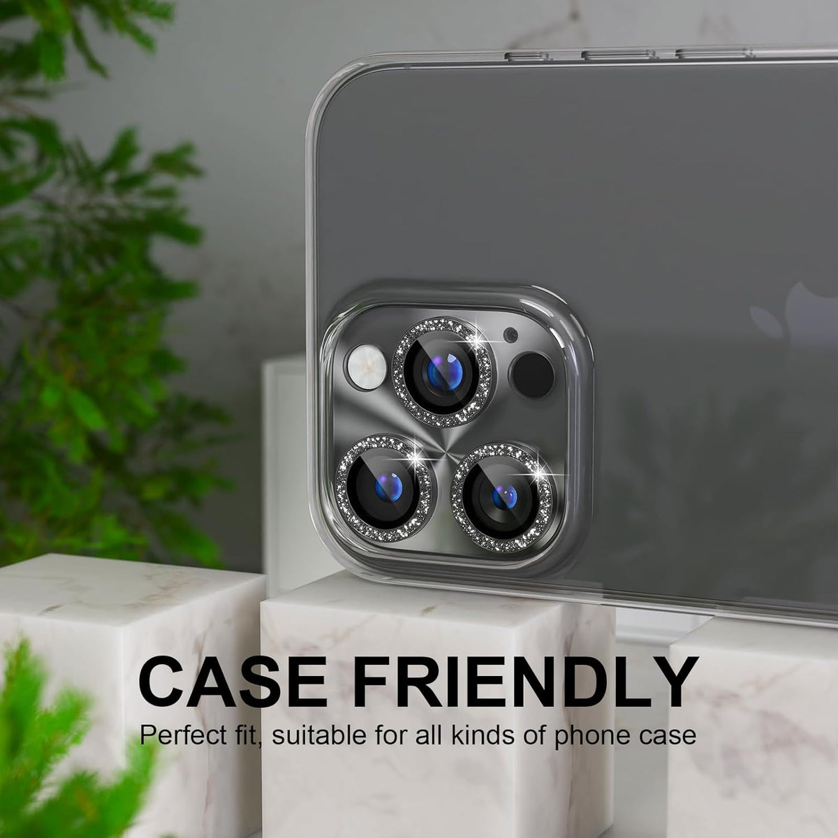Choiche Compatible for iPhone 16 Pro/iPhone 16 Pro Max Camera Lens Protector, Bling Camera Cover with 9H Tempered Glass Lens Screen Protector Metal Ring Decoration Accessories(Clear-Black)