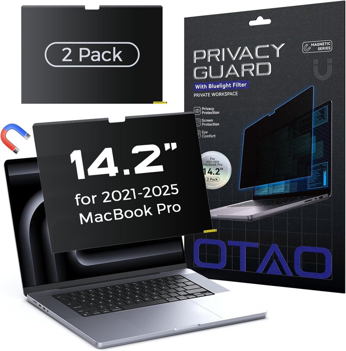 (2 Pack) Magnetic Privacy Screen for MacBook Pro 14 Inch (2021-2024, M1-M4, Pro, Max), Removable Washable Reusable Matte Anti Glare Blue Light Protector Private Security Filter for 14" Mac Laptop