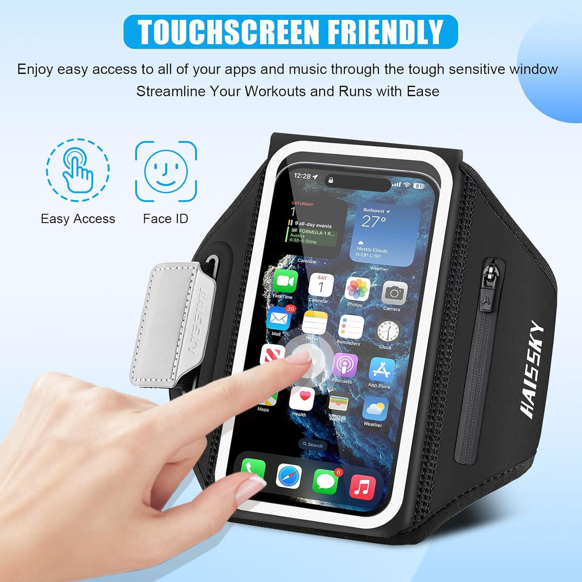Running Phone Armband with Earphone Holder - 3D Design Cell Phone Armband for iPhone 15/14/13 Pro/Plus & Galaxy S20/S10, Water Resistant Sports Phone Holder with Key Slot for 6.9" Device