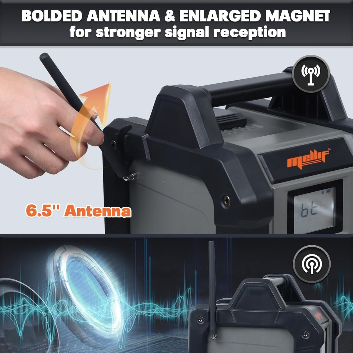Mellif Jobsite Radio Speaker Compatible with Dewalt 20v Max Battery, Enhanced Signal Reception, 100ft Wireless Range, Stereo, IPX54 Waterproof, TWS, AM/FM Presets, 2.0 Battery & 18V AC Power Cord