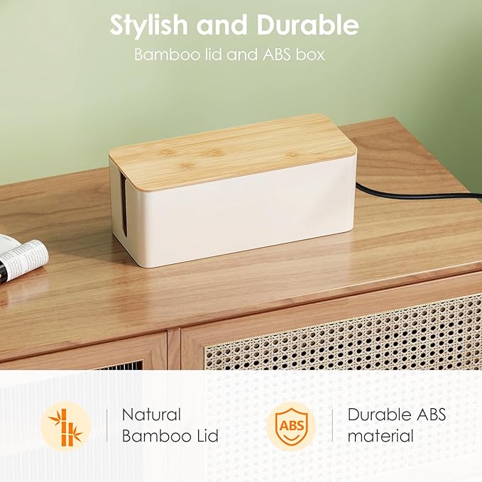 Delamu 2 Pack Cable Management Box Wooden, Wood Box with Lid Safe ABS Cord Hider Box Medium and Small Cable Organizers for Cords, Cable Raceways Power Strip Cover Box Baby Pet Proof for Home Office