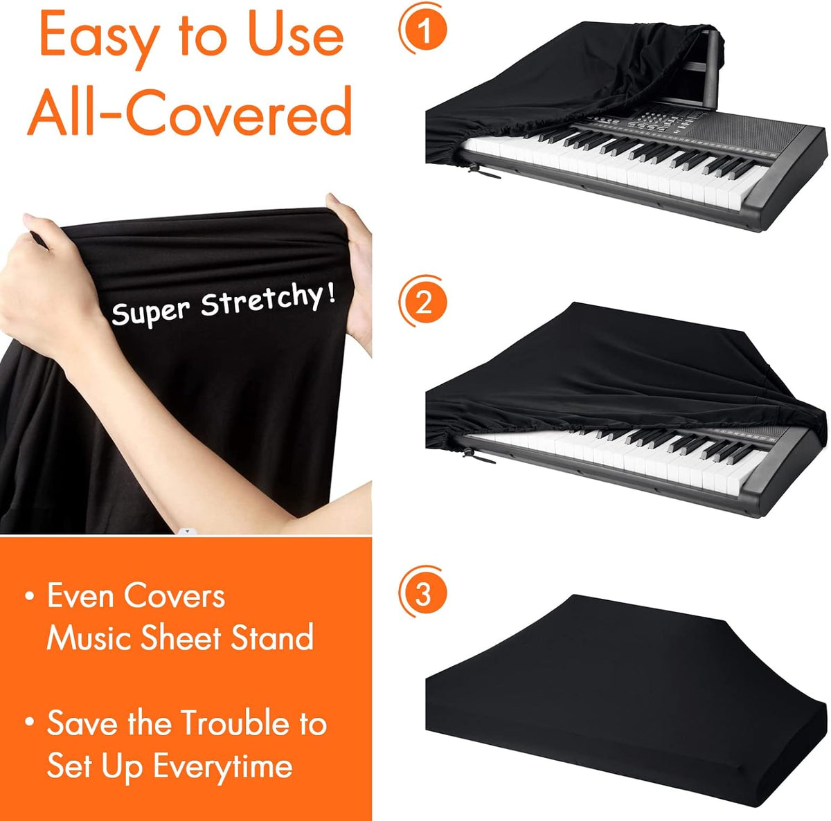 61 Keys Piano Keyboard Dust Cover, Music Stretchy Electronic DirtProof Keyboard Cover With Durable Elastic & Cord Lock Must Have Piano Accessories, Black