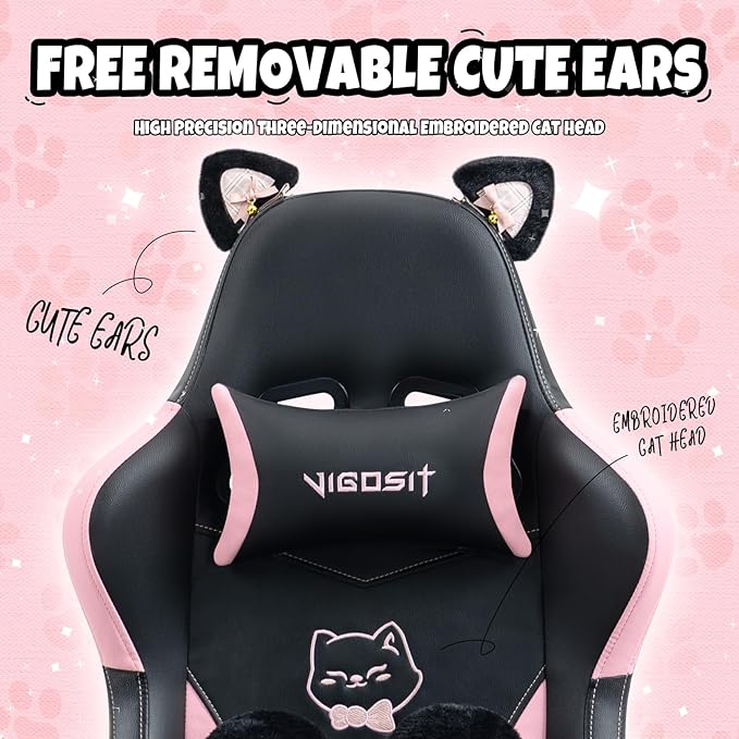 Gaming Chair with Footrest High Back Ergonomic Computer Chair Height Adjustable Game Chair with Headrest and Lumbar Support for Office or Gaming (Pink Black-Cat Ears)