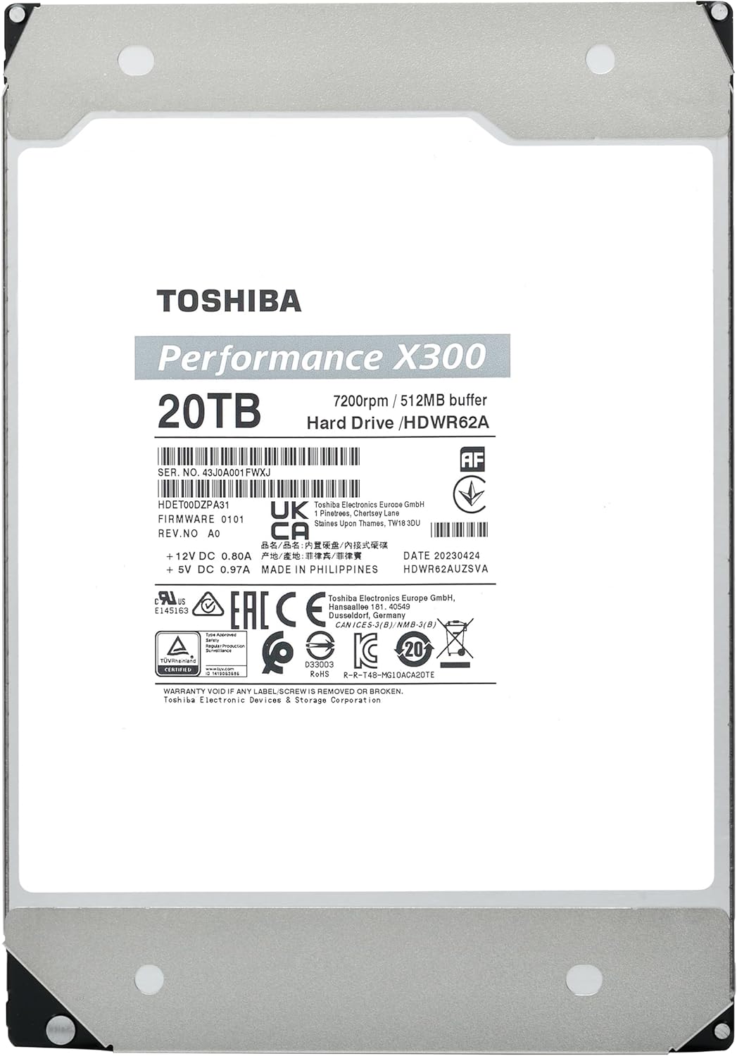 Toshiba X300 20TB Performance & Gaming 3.5-Inch Internal Hard Drive – CMR SATA 6 GB/s 7200 RPM 512 MB Cache - HDWR62AXZSTA
