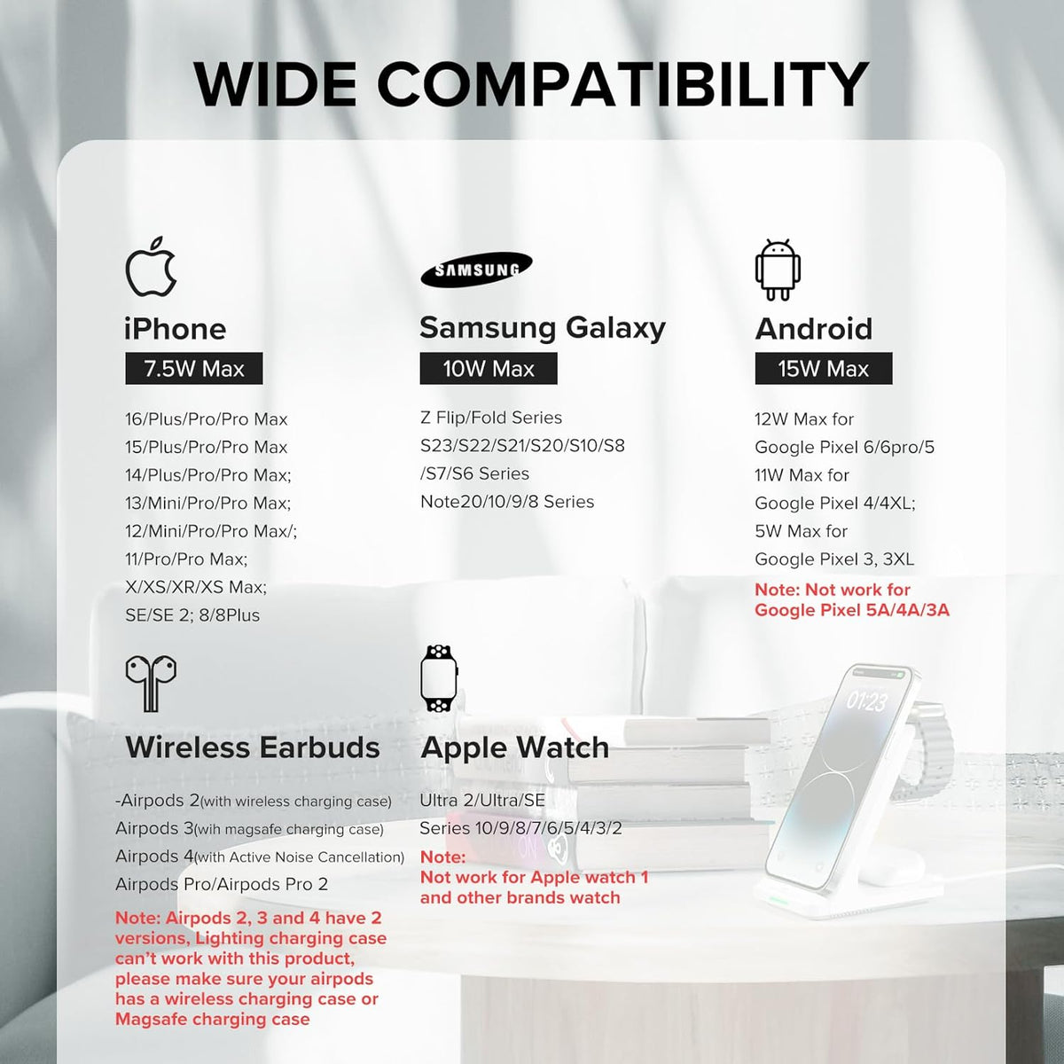 Wireless Charging Station, 3 in 1 Fast Wireless Charger Stand for Multiple Devices Apple Watch Ultra Series 10 9 8 7 6 SE 5 4 3 2, iPhone 16 15 14 13 12 11 Pro Max/Plus/Mini/X/XS/Max/XR/SE, Airpods