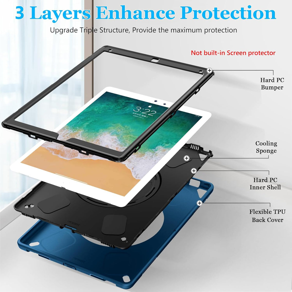 Case for iPad Pro 12.9 2nd Generation 2017& 2015 1st Generation, Heavy Duty TPU Protective Cover with Screen Protector- 360° Rotatable Stand + Handle Hand & Shoulder Strap + Pencil Holder- Blue