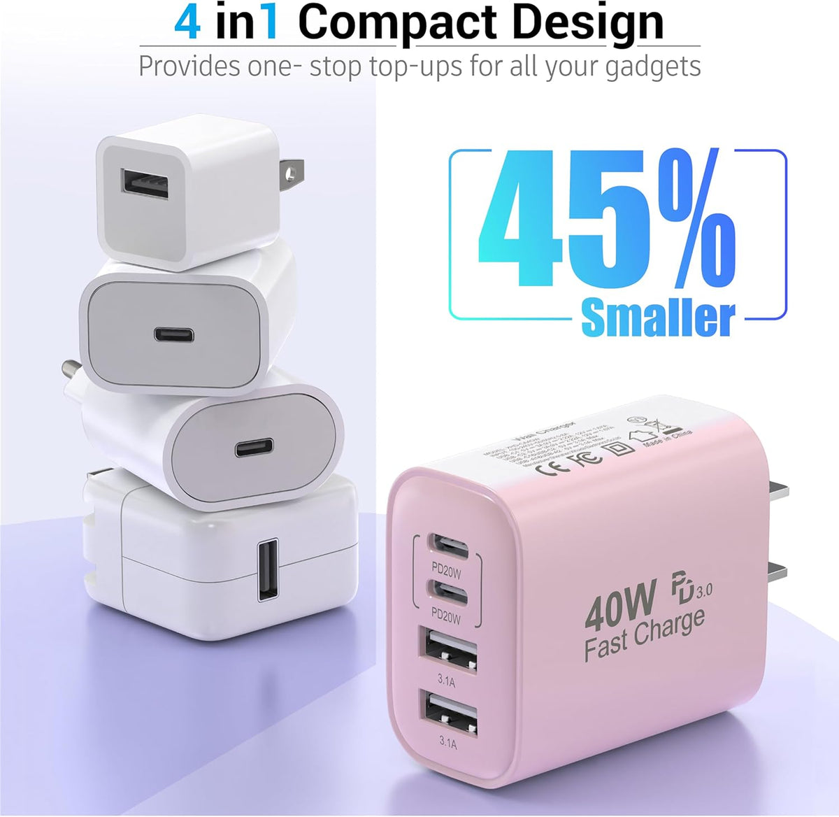 USB C Block 40W, 4 Ports Wall Plug Fast Charging Block, PD+QC Multiport Power Adapter USB C Charger Type C for iPhone 16,15,14,13,12,11, Pro Max, X, Xr, Xs, 8, 7, Watch, Galaxy Phones (Pink 1Pack)