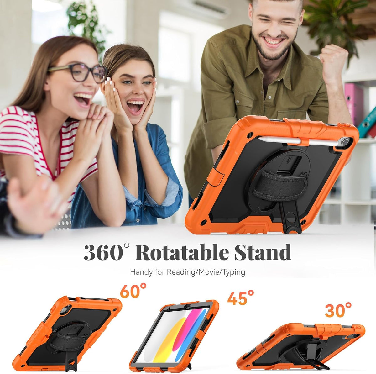 BLOSOMEET Case for iPad A16 11th/10th Generation 11''/10.9'' 2025/2022 with Tempered Glass Screen Protector & Pencil Holder, Rugged Military Grade Cover w/Stand Hand Shoulder Strap, Orange