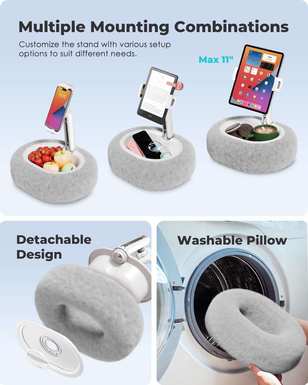 Viozon Tablet Pillow Stand,Kindle Pillow Stand, Compatible with 4-11" Tablet/Phone with Small Bowl, Kindle Holder Accessories,Idea for Reading and Video Watching On Bed,Grey