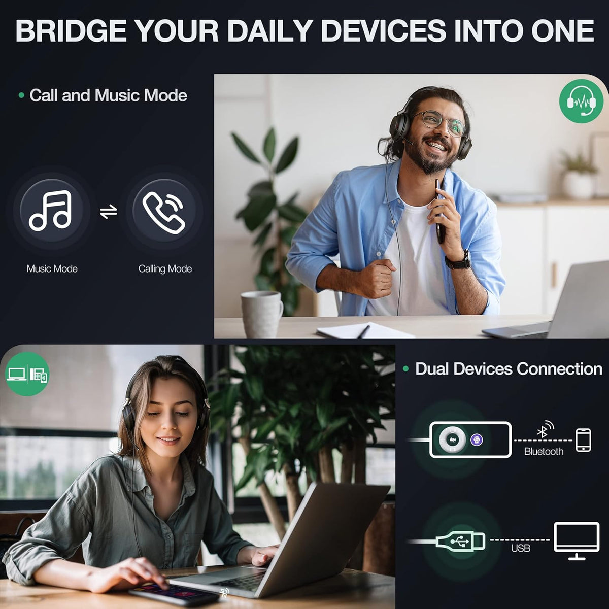 Yealink UH38 Bluetooth USB Wired Headset, Work Headset with Noise Cancelling Microphone, Teams Certified, Comfort Fit, Dual Connect for PC Computer & Mobile Devices, Dual Busylight