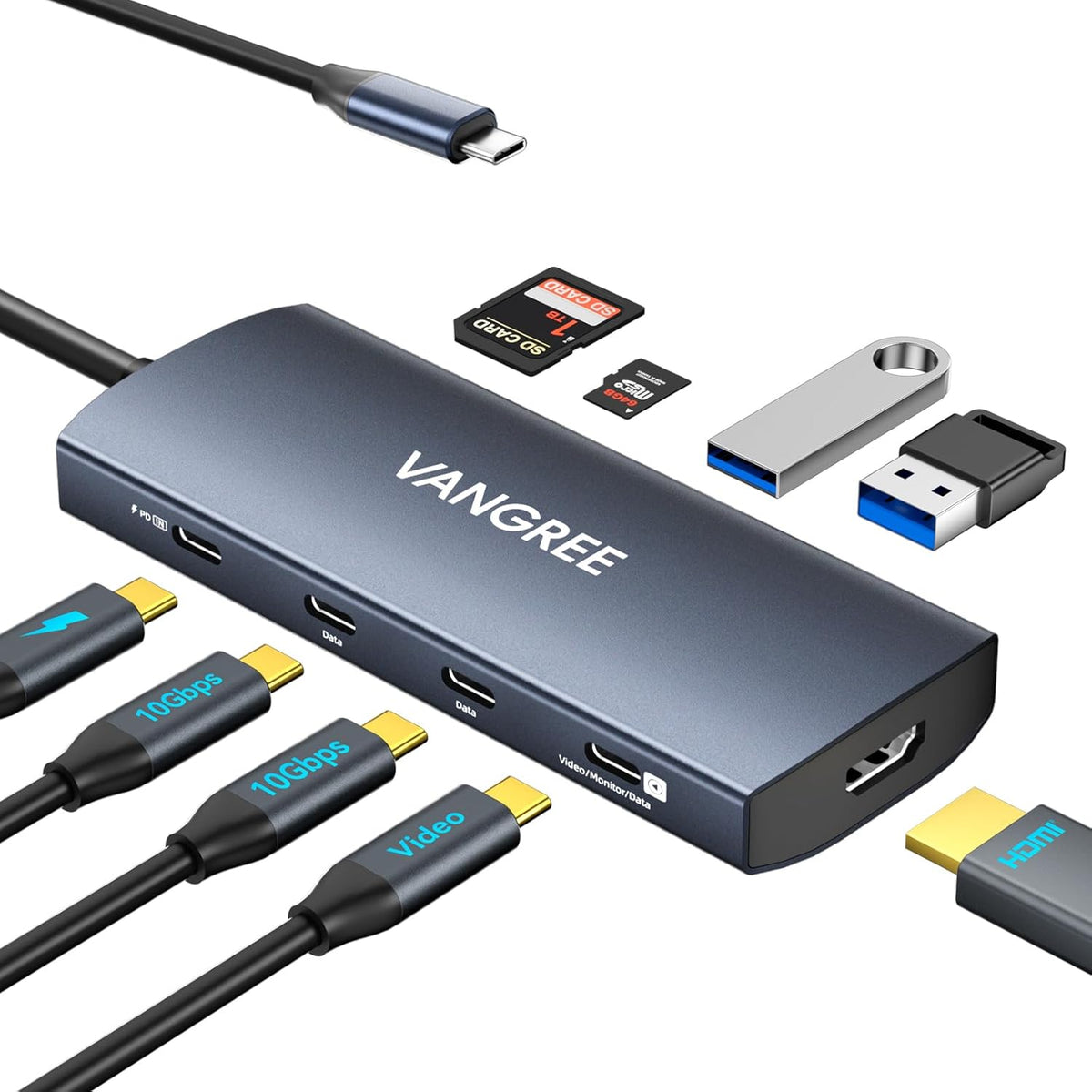 USB C Video Output Hub, 3 USB-C & 2 USB-A 3.2 10Gbps Ports, 4K@60Hz HDMI, 100W PD, SD/TF, USBC Splitter Dual Monitor Adapter for MacBook Pro/Air, iMac, iPad Pro, XPS, Surface, Galaxy S22,Samsung DEX