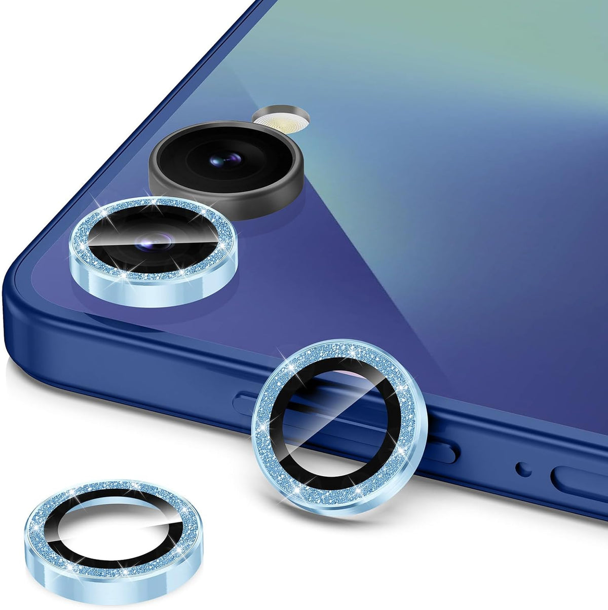 for Samsung Galaxy Z Flip 7 Camera Lens Protector, Individual Metal Ring Tempered Glass Lens Cover, [Strong Adsorption] Scratch Resistant Ultra-Thin HD Clear Lens Cover, 1 Set-Blue Sparkly