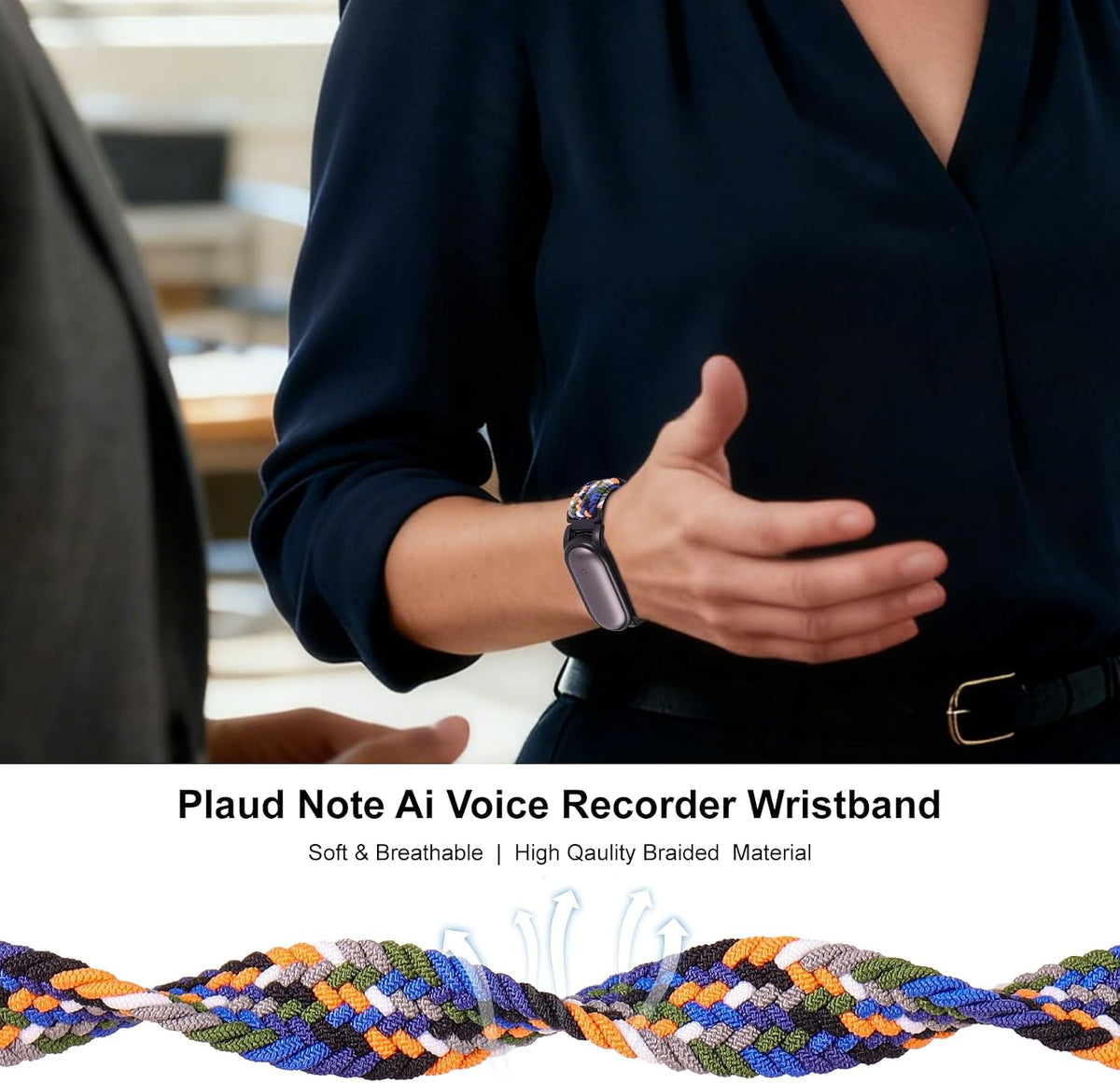 2 Pack Adjustable Braided Wristband Compatible with Plaud NotePin & NotePin S AI Voice Recorder,Breathable Soft