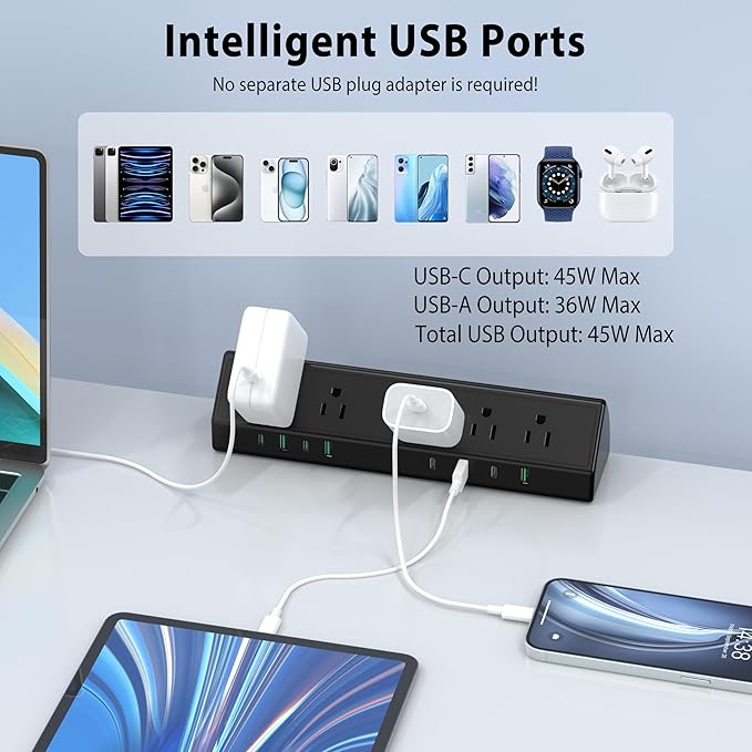 Jgstkcity Desk Clamp Power Strip USB C 45W,8 USB,15FT Cable,Black