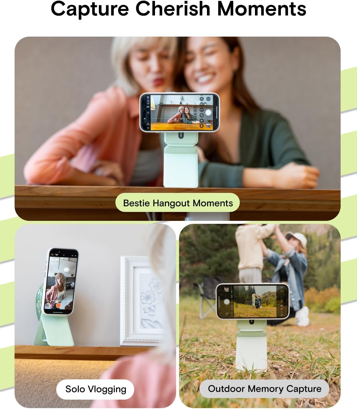 MOFT Phone Tripod Stand Selfie Stick for iPhone, Multi-Angles iPhone Stand, Lightweight & Portable Phone Holder, Strong Magnets, MOVAS Vegan Leather, Travel Essentials, Seafoam (Without Card Slot)