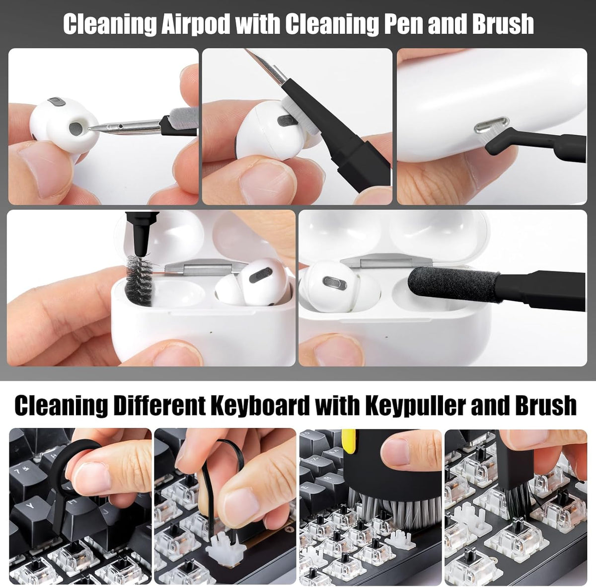 walrfid 2 Pack Laptop Phone Screen Cleaner Kit, Computer Keyboard Brush Cleaning Spray for iPhone AirPods MacBook iPad, 20-in-1 Electronic Device Tool for Camera Earbud TV Car Screens, Black White