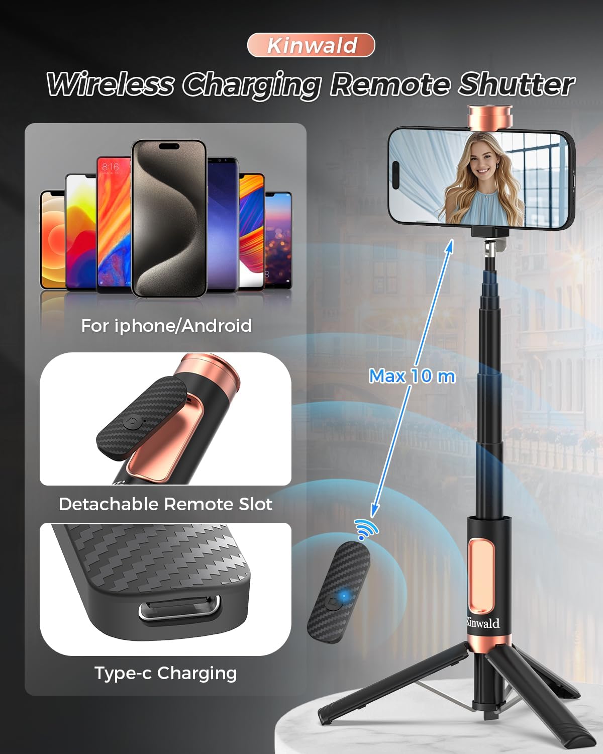 Selfie Stick Tripod for iPhone & Android, Portable Phone Tripod Stand with Bluetooth Remote, One-Click Open, Compact & Lightweight, All-in-1 for Vlog/Travel/Photography (Black)