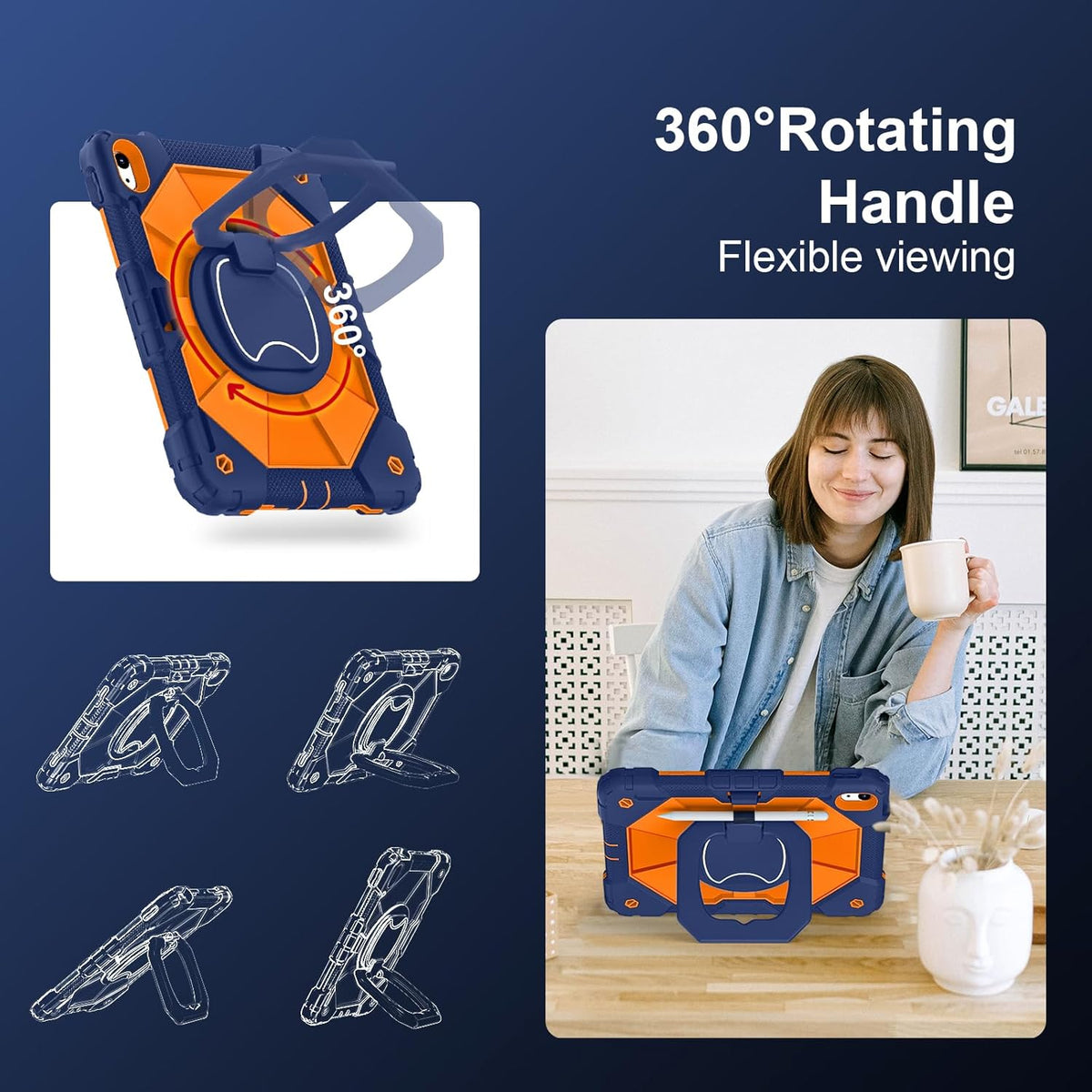 Case for iPad (A16) 11th Generation 11 Inch (2025) / iPad 10th Generation Case 10.9 Inch (2022) with 360° Rotating Stand Screen Protector Pen Holder Shoulder Strap, Navy Orange