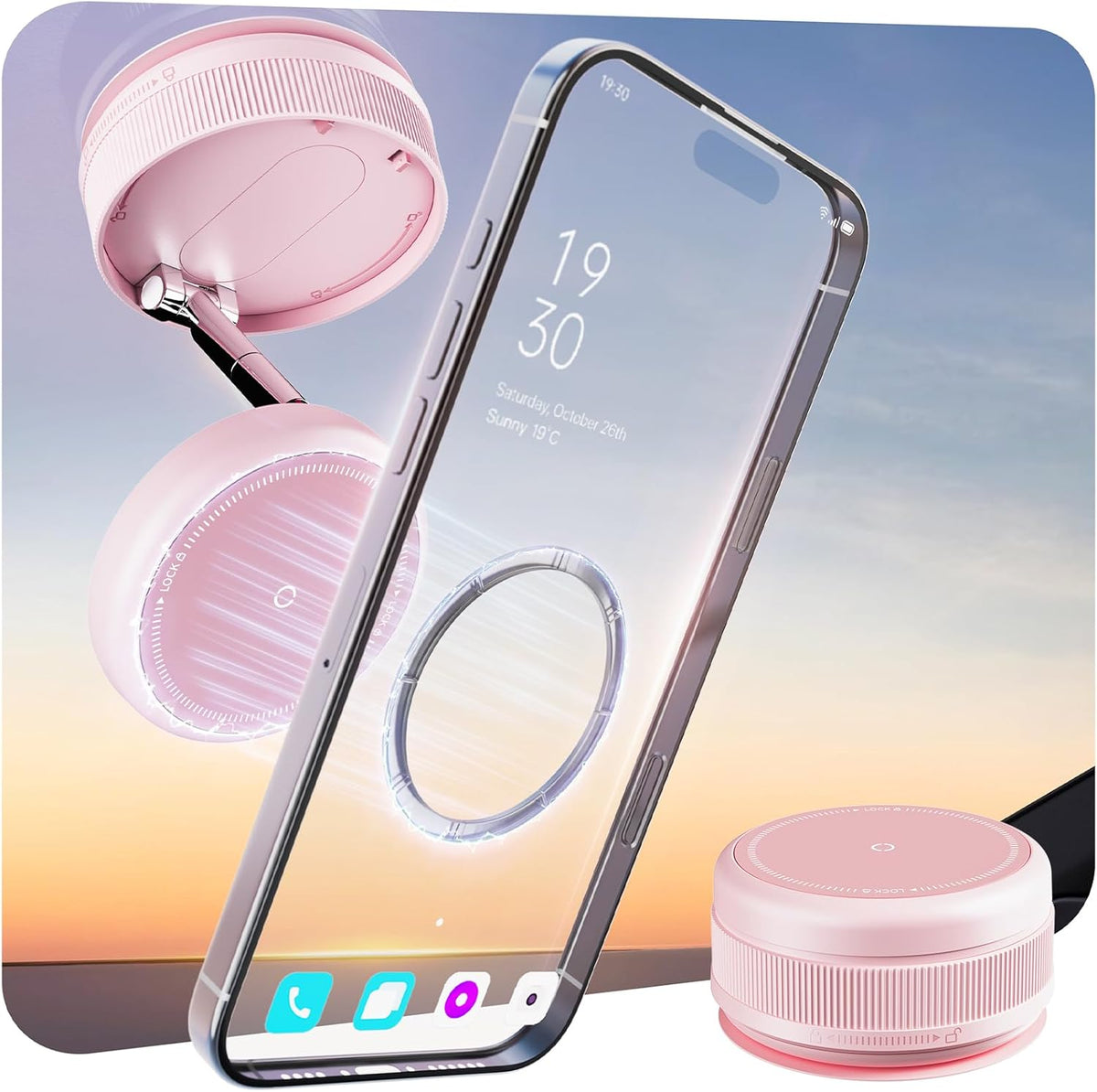 Upgraded 360° Vacuum Magnetic Car Phone Holder for Magsafe [96+LBS Strongest Suction & 2800gf Strongest Magnetic], Adjustable Car Phone Mount for Your Car/Gym/Mirror for iPhone & Android, Light Pink
