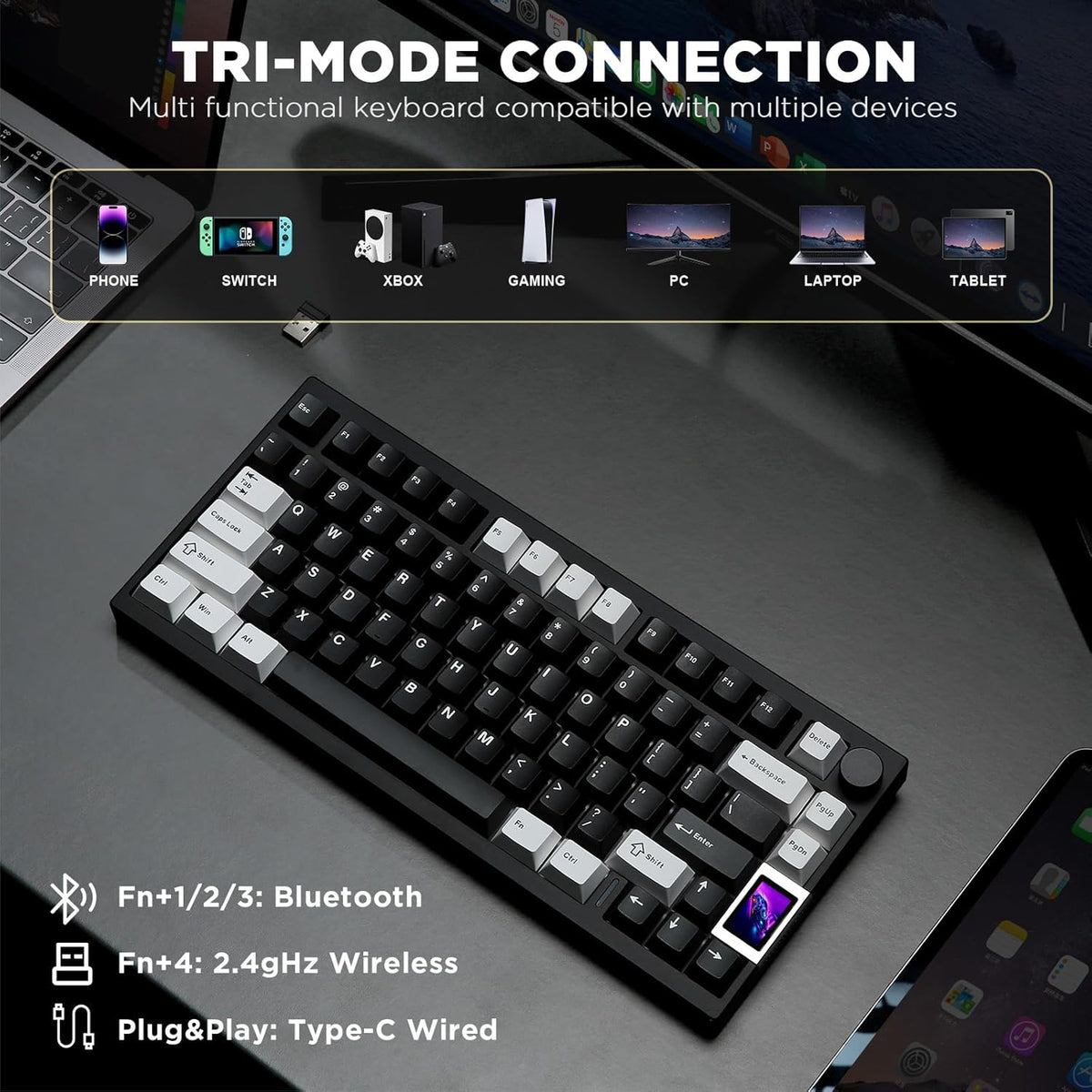 YUNZII AL80 Wireless Mechanical Keyboard,Full Aluminum CNC, Smart LCD Display,Hot Swappable Gasket Mount 75% Layout with Knob,BT/2.4G/USB-C,QMK/VIA Support for Win/Mac (Black, Gateron Zero Switch)