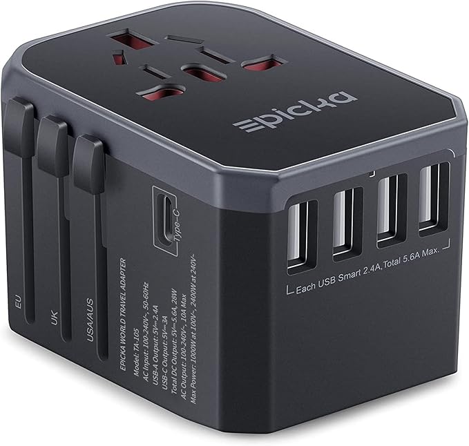 EPICKA Universal Travel Adapter, European Travel Plug Adapter (Not a Voltage Converter) - International Power Adapter Worldwide Charger with USB-C & 4 USB-A Ports, Travel Essentials (TA-105, Grey)