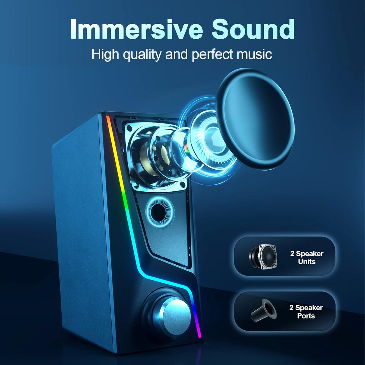 Computer Speakers, PC Speakers with 6 Lighting Modes, USB Powered Computer Speakers for Desktop Monitor with 2 Bass-Boost Ports, 2 Speaker Units, and 3.5mm Aux-in Cable for PC, Laptop, Tablet, Phone