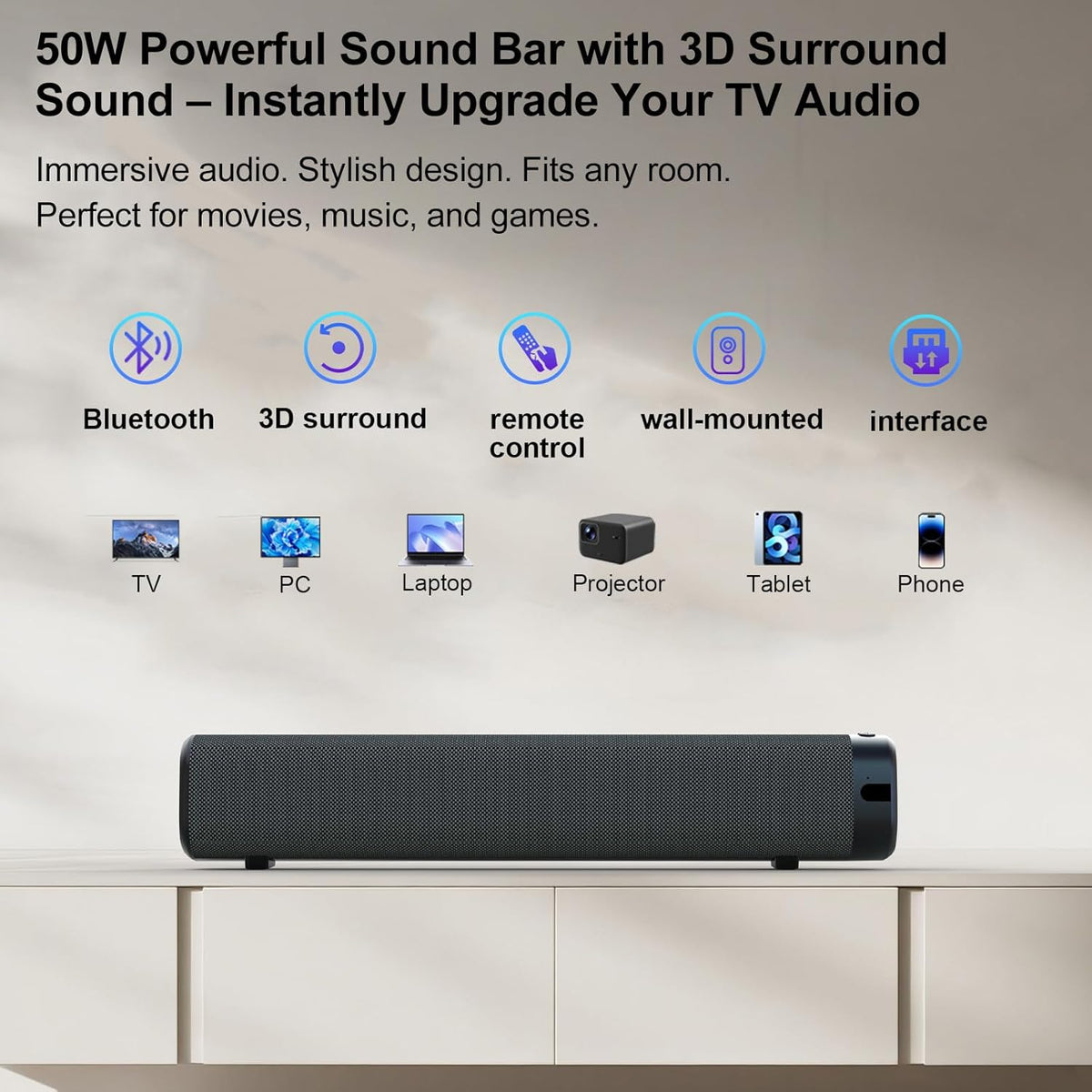 Sound Bar for Smart TV , Surround Sound System for TV – 50W Bluetooth Soundbar with Bluetooth, ARC, Optical, and AUX Connectivity, Remote Control, Wall-Mountable, Compatible with TV, PC, and Phone