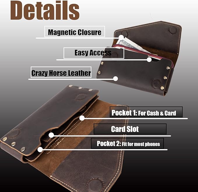 Topstache Leather Cell Phone Belt Holder for Galaxy S25/S24, iPhone 17/17 Pro - Belt Clip Leather Phone Holster - Fit with Protective Case - ID/Credit Card Holder Clip Pouch, L,Darkbrown