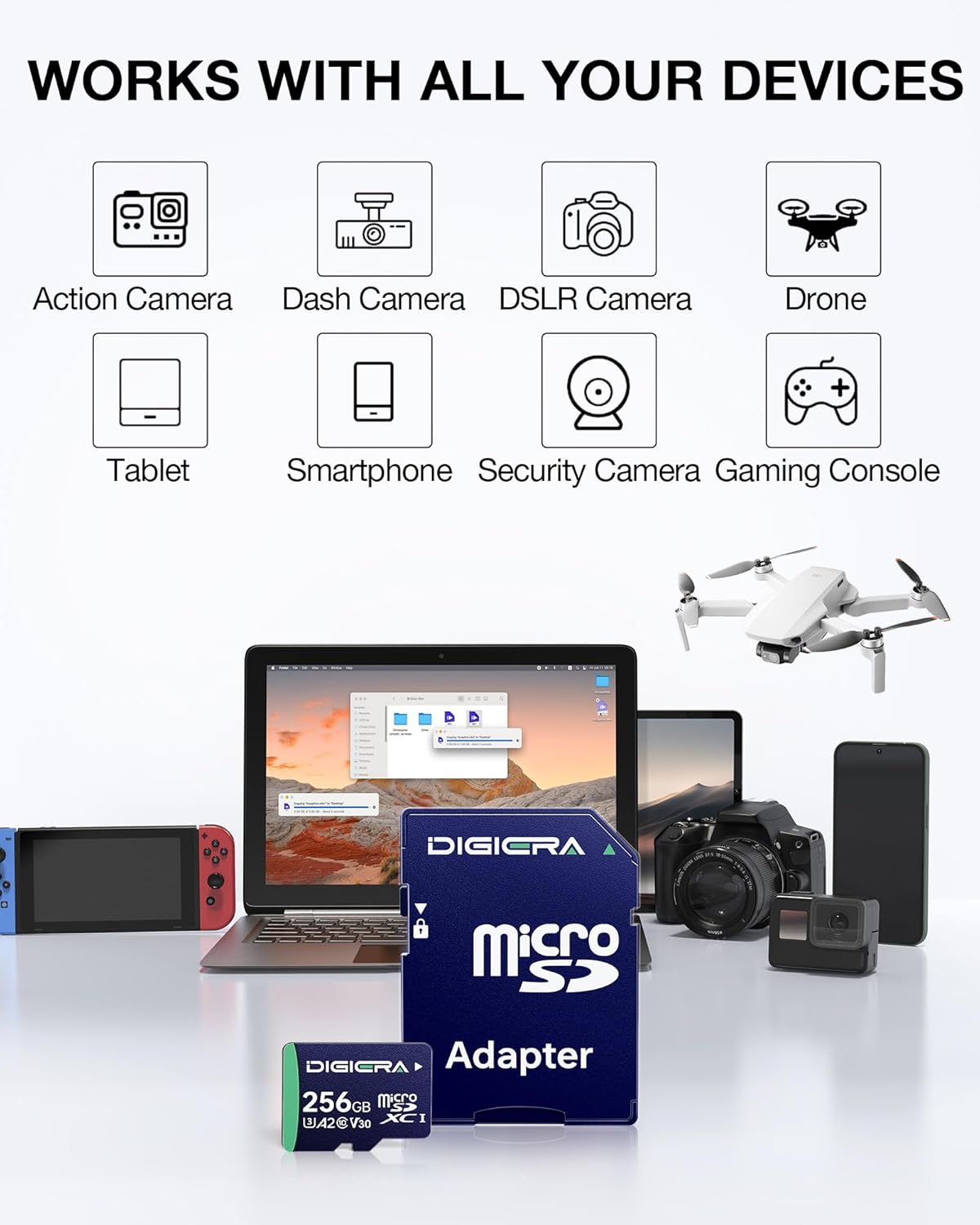256GB CT100 microSDXC UHS-I Memory Card with Adapter - up to 100MB/s, C10, U3, V30, 4K UHD, A2, Micro SD Card for Smartphones, Tablets, Cameras, Gaming Consoles, and Drones (1 Pack)