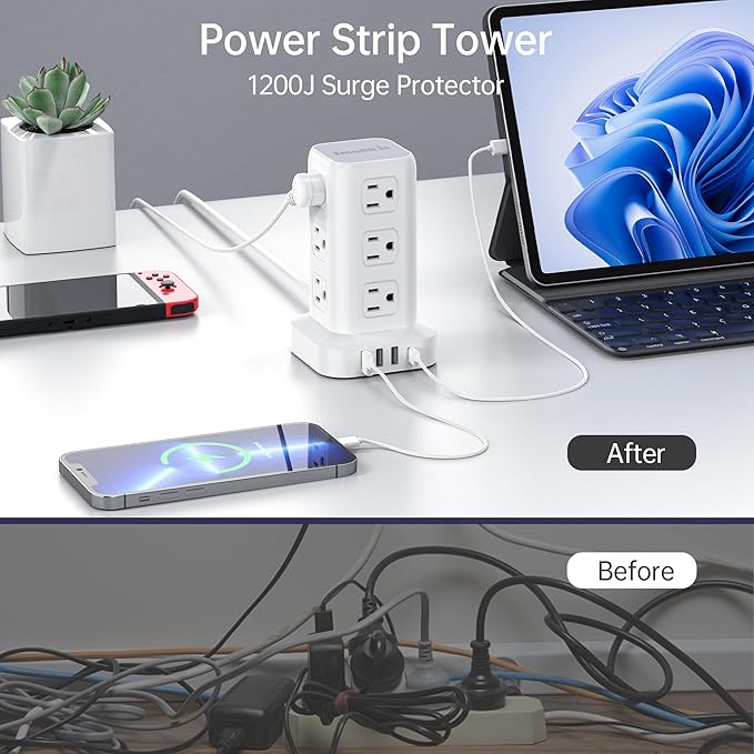 Power Strip with 12 Outlets 4 USB (1 USB C), 16.5Feet Extension Cord with Multiple Outlets, Charging Station, Power Strip Tower, Home Office Desk Supplies