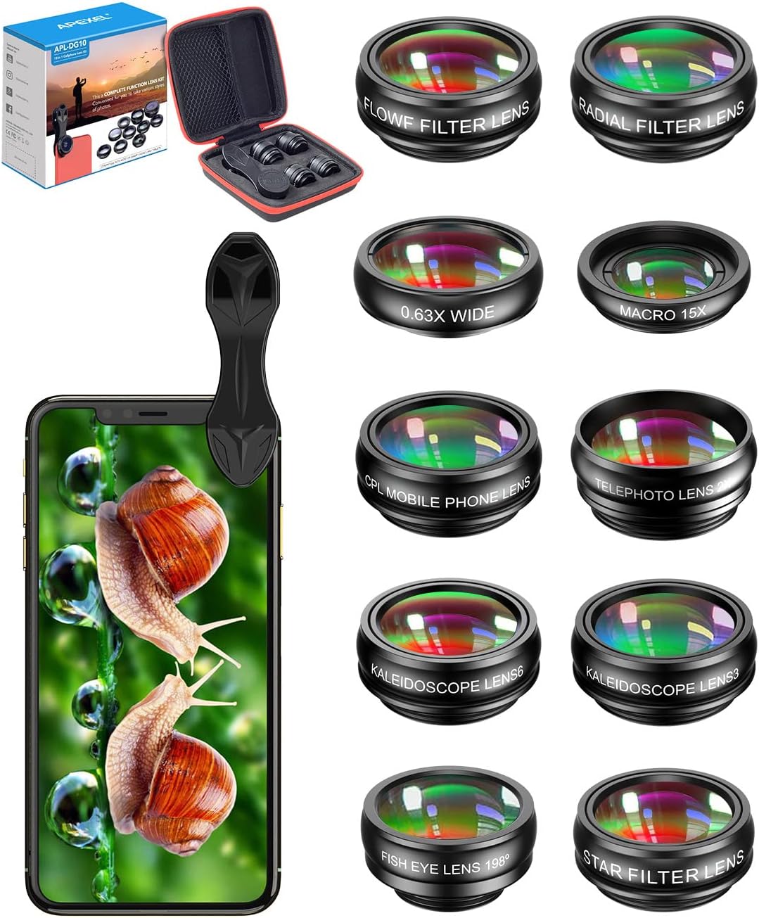 10 in 1 Cell Phone Camera Lens Kit, Wide Angle Lens & Macro Lens+Fisheye Lens+Telephoto Lens+CPL/Flow/Radial/Star Filter+Kaleidoscope 3/6 Lens for iPhone Samsung Sony and Most of Smartphone