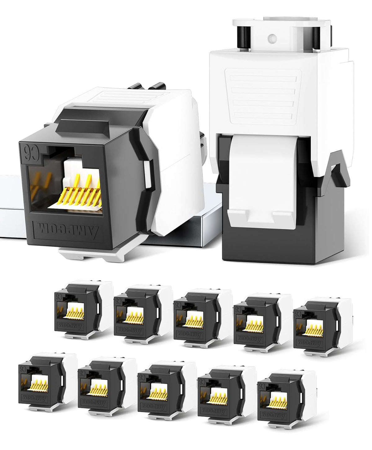 AMPCOM CAT6 RJ45 Keystone Jack - Reusable UTP Ethernet Wall Jack with Adjustable Ratchet Lock Design, No Tool and Zip Tie Required - 50u Gold Plated - Black (12-Pack)
