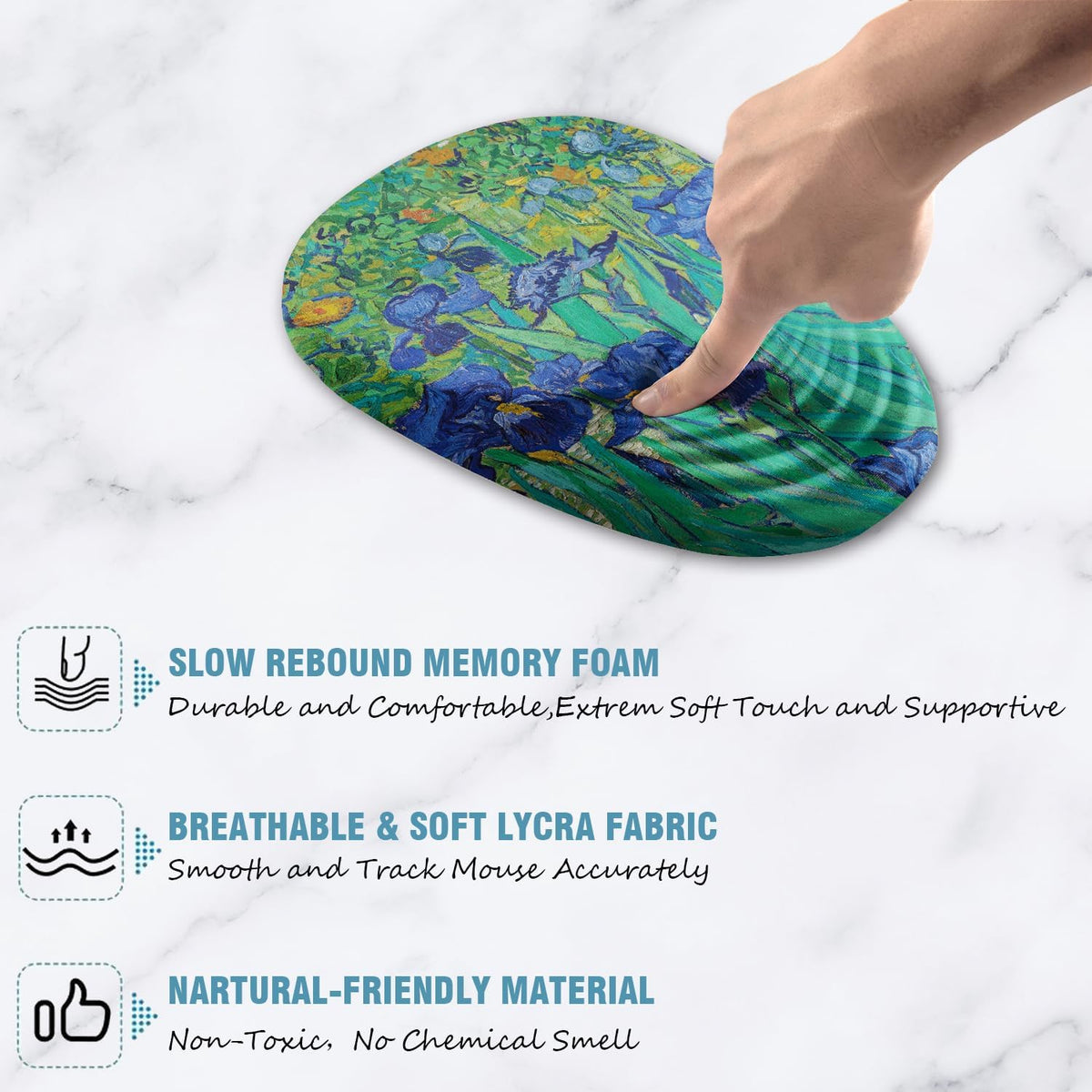 Ergonomic Mouse Pad Wrist Support, Floral Mouse Pad with Wrist Rest, Non-Slip PU Base MousePads with Foam Massage Design for Pain Relief, Desk, Office, Home, Van Gogh Flower