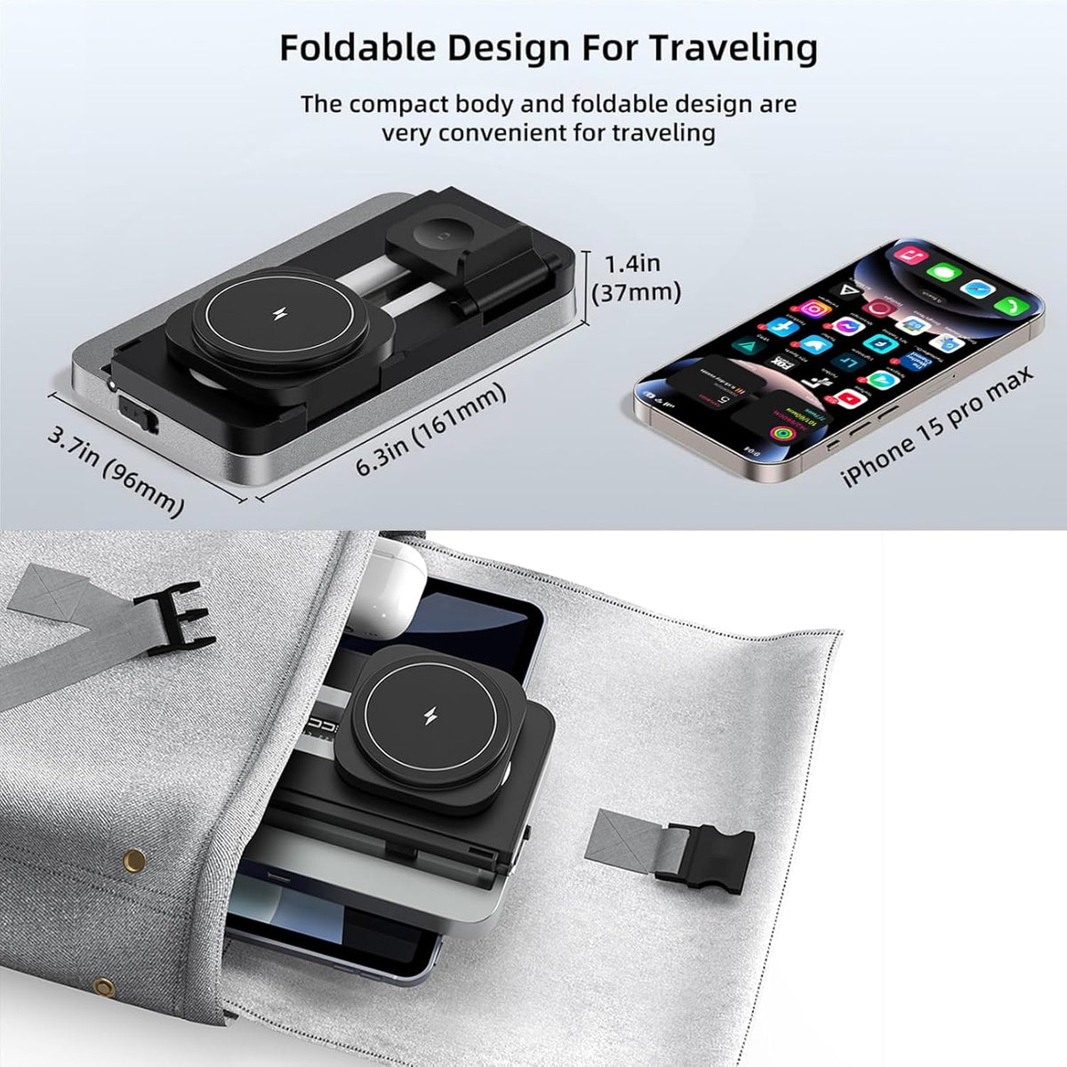 4-in-1 Wireless Charger with Adjustable Night Light, Magnetic Foldable Stand for iPhone 12-16/Apple Watch/AirPods, 15W Fast Charging Bedside Dock - Multi-Device Compatible