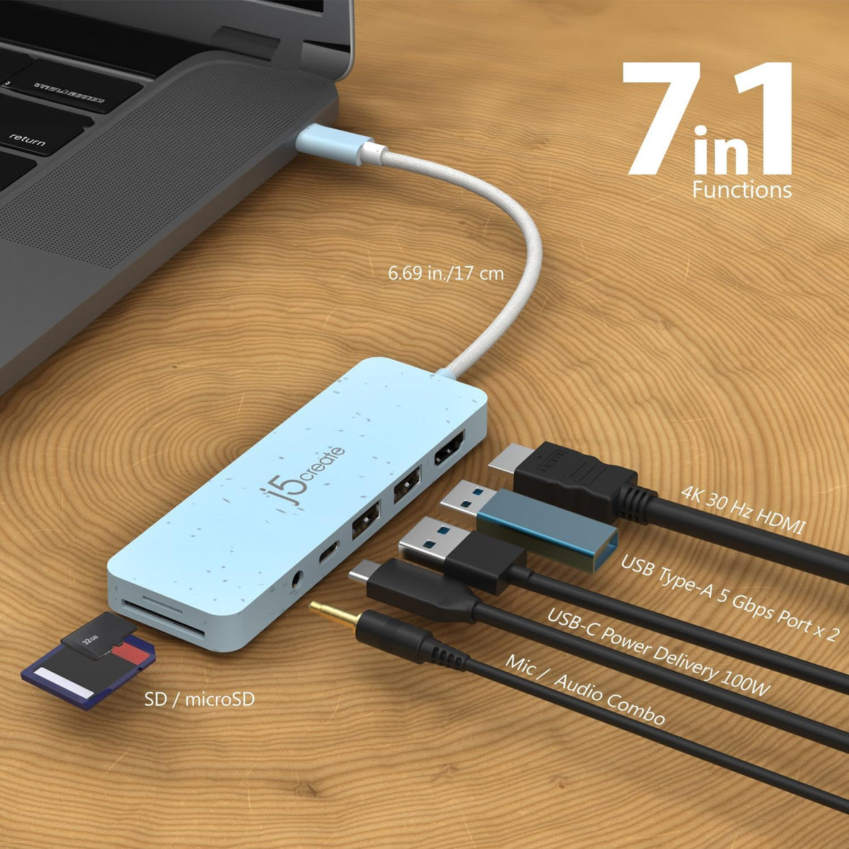 j5create USB-C Multi-Port Hub with Power Delivery with 4K HDMI/2 USB-A 5Gbps/PD 100W Charging SD&Micro SD/3.5mm Audio | for MacBook Pro&Air/iPad Pro/iMac/Surface/XPS/Thinkpad/Galaxy/and More(JCD373EC)