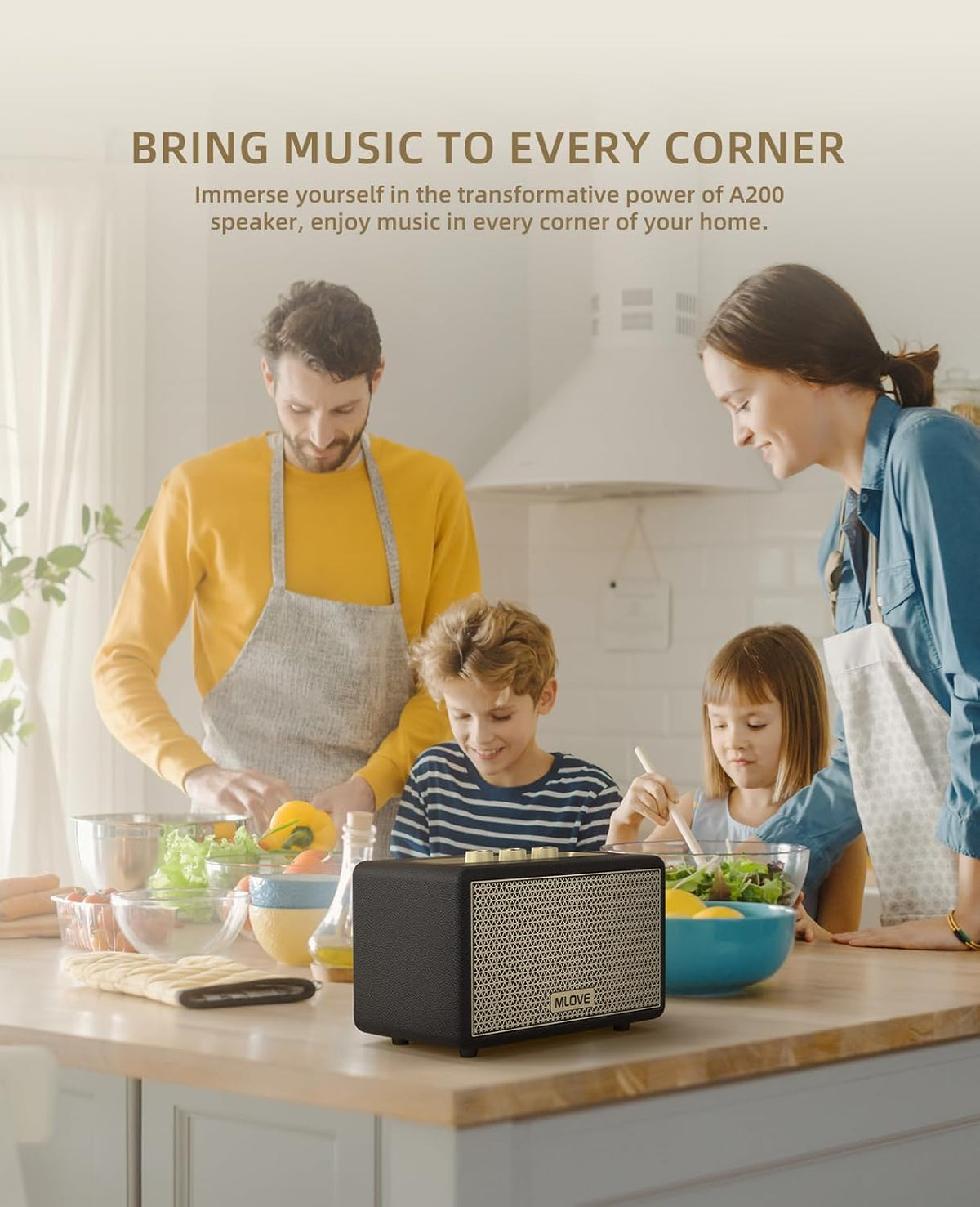 MLOVE A200 Portable Retro Bluetooth Speaker with Aux Input, USB Port, Micro SD Card Slot - Decorative Wireless Bookshelf Speakers Battery Powered, House Warming Gifts for New Home, Black and Gold