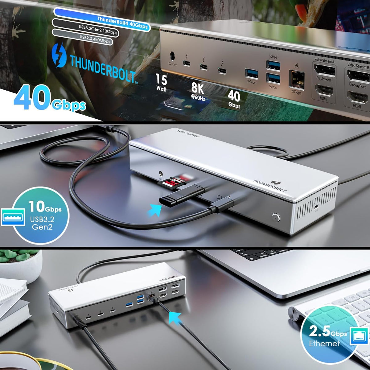Thunderbolt 4 Dock, WAVLINK Docking Station with Quad 4K@60Hz Monitors, Four Thunderbolt 4 Ports, 98W PD, 2.5G RJ45 Ethernet, SD V4.0, 10Gbps USB3.1, for MacBook Pro/Air etc